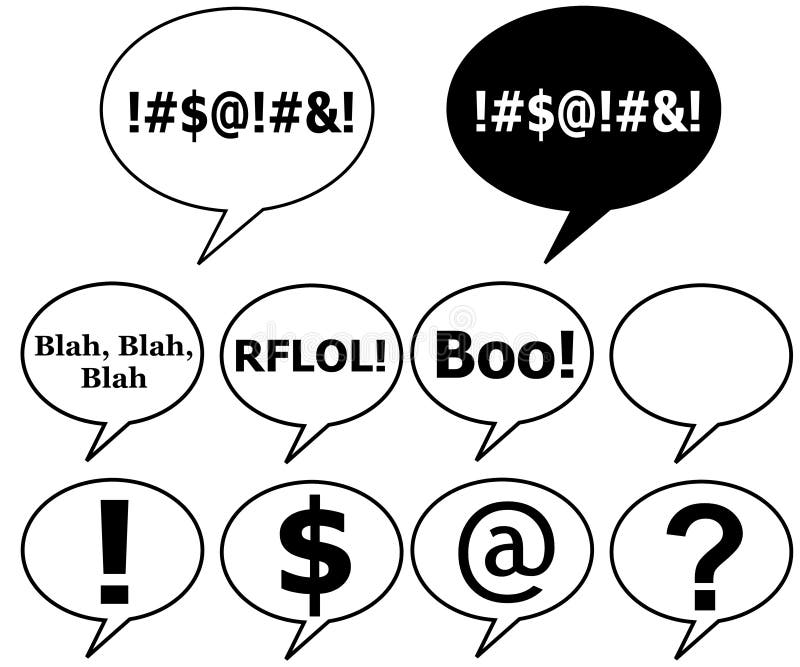 An illustration featuring an assortment of talk bubbles with curse and various symbols. An illustration featuring an assortment of talk bubbles with curse and various symbols