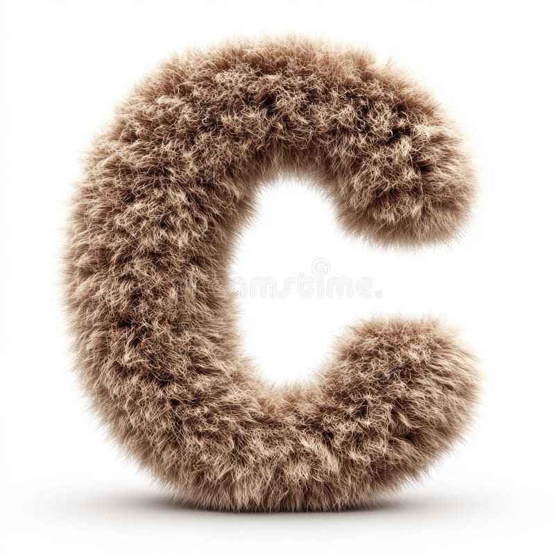 Fluffy brown letter C with realistic fur texture isolated on white background. 3D letter. Branding, typography aesthetics, design element, visual, ads. Calm, playfulness, and modern digital design. Typography texture stock images, royalty-free photos and pictures