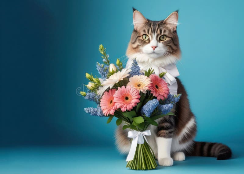 fluffy cat with a bouquet of gerbera flowers on a blue background. Congratulations, postcard
