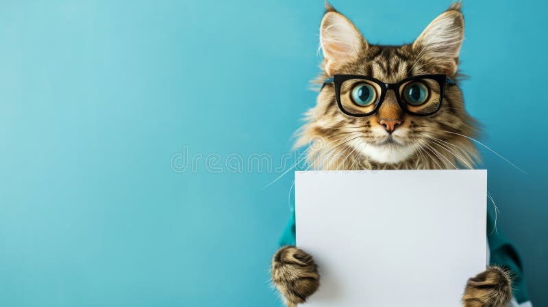 Fluffy cat dressed as a vet doctor with glasses, holding a blank sign mock-up with space for text