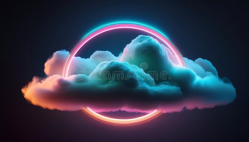 A fluffy cloud illuminated by a vibrant neon ring in a dark atmosphere creating a surreal visual contrast. Generative AI stock image