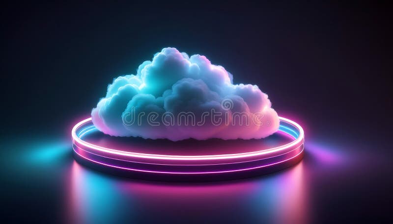 A fluffy cloud illuminated by a vibrant neon ring in a dark setting creates an enchanting visual effect. Generative AI royalty free stock images