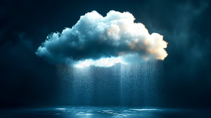 Fluffy cloud uwalnia deszcz nad ciemną powierzchnią odbijającą tworząc pogodną atmosferę. ai generation royalty ilustracja