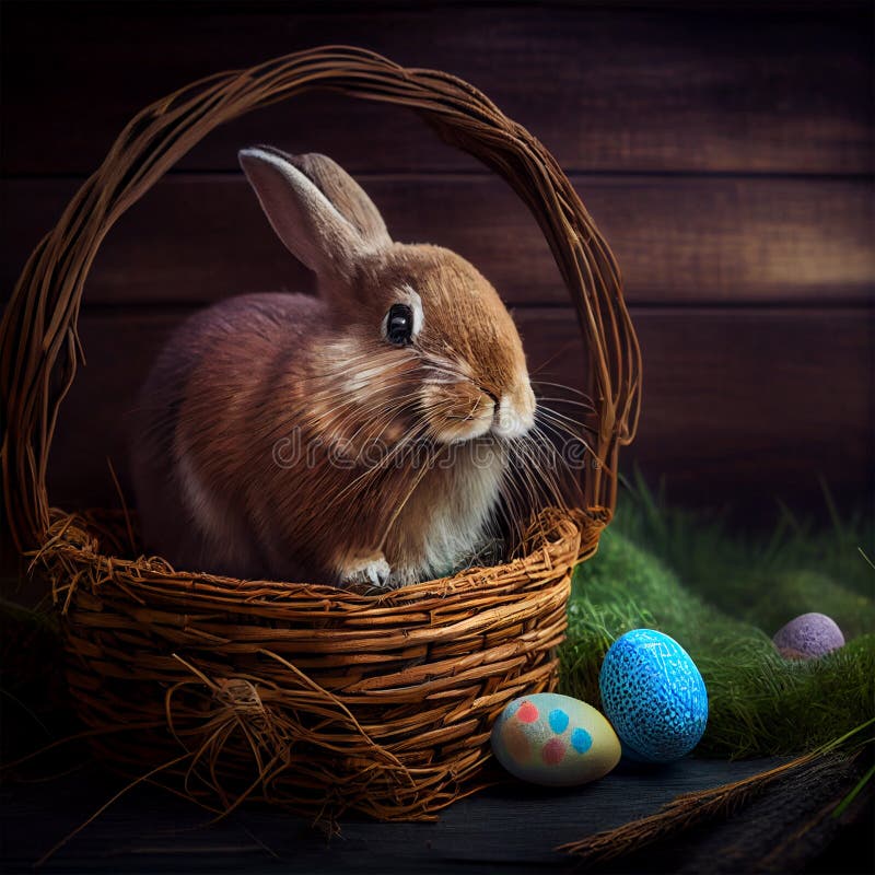 Fluffy Easter Bunny with a Basket of Festive Easter Eggs AI Generated
