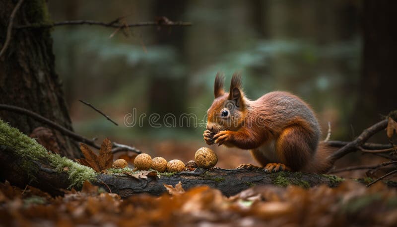Fluffy gray squirrel eating hazelnut on branch generated by AI