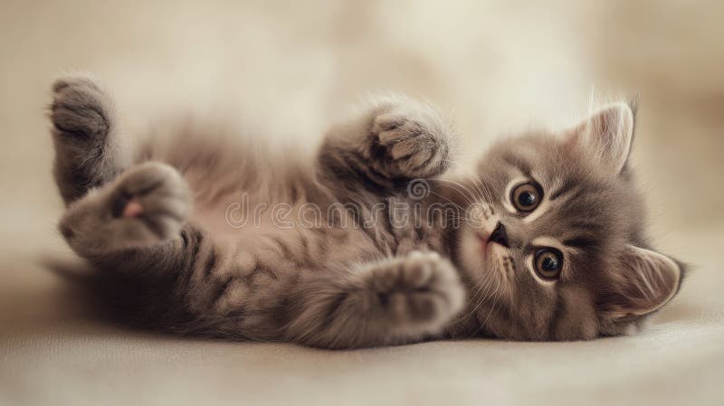 A fluffy grey kitten lying on its back on a soft beige background. The neutral tones and the stock image