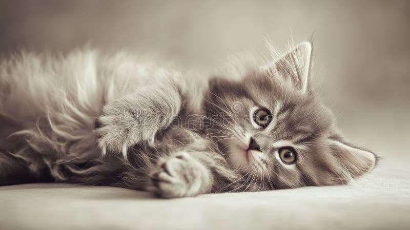 A fluffy grey kitten lying on its back on a soft beige background. The neutral tones and the stock photo
