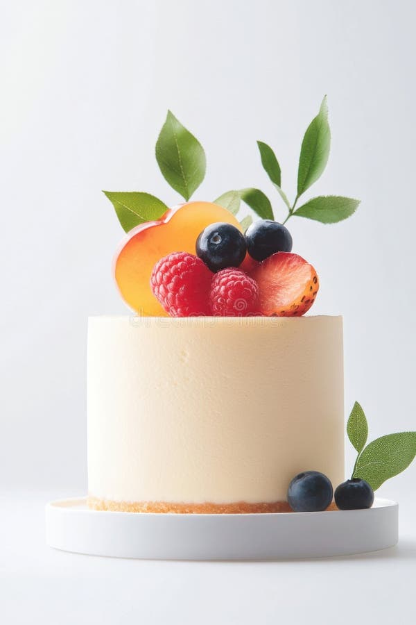 Fluffy japansk ostekaka adorerad med färsk frukt och blad på en minimalistisk platta royaltyfri fotografi