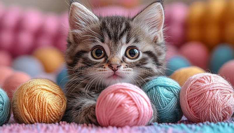 Fluffy kitten playing with colorful ball of wool generated by AI stock photo
