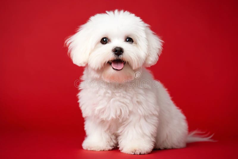 Fluffy maltese szczeniak przeciwko uderzeniu czerwonego pełnego uroku i uroku przez generatywny ai. Psy maltański ppy z spojrzeniem niewinności oświetlonym uderzającym czerwonym tłem.