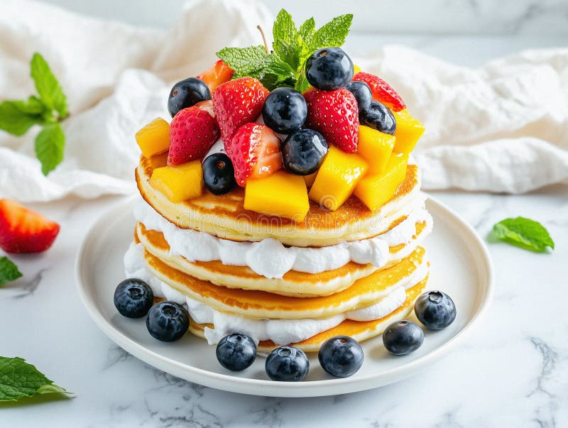 Fluffy Pancake Stack with Mango, Strawberries, Blueberries, and Whipped Cream on a White Plate Against a Bright Marble Background royalty free illustration