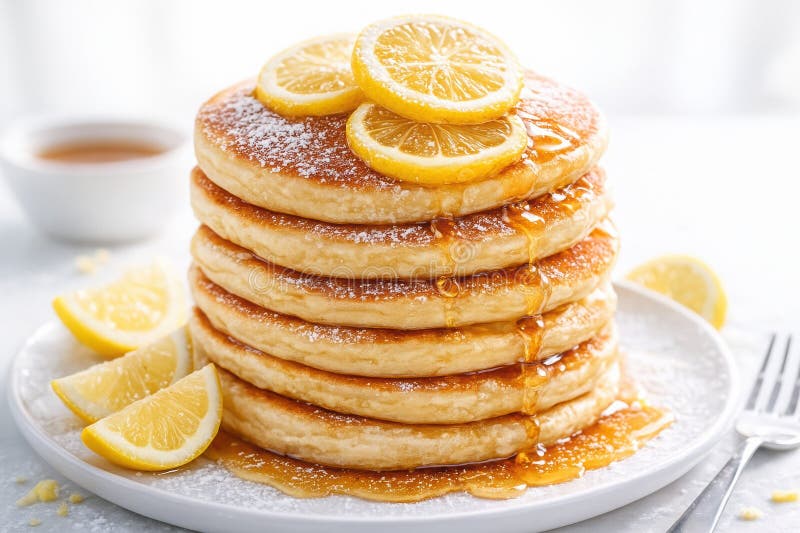 Fluffy pancakes with lemon slices and syrup drizzle on white plate royalty free illustration