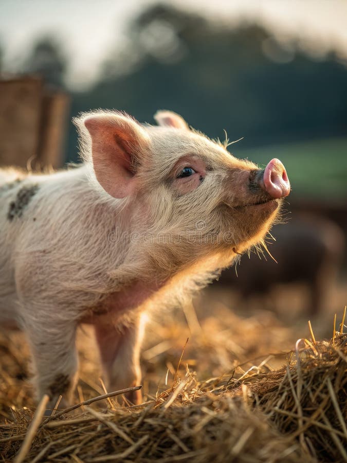 Fluffy piglet med en grumlig nos och ett örat har en solig dag på gården royaltyfri illustrationer