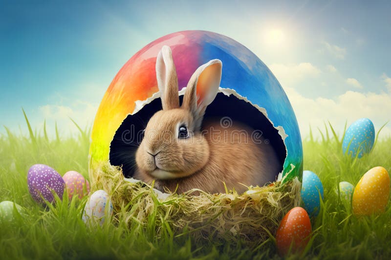Happy Easter. Cute Easter bunny with huge eggs in the grass