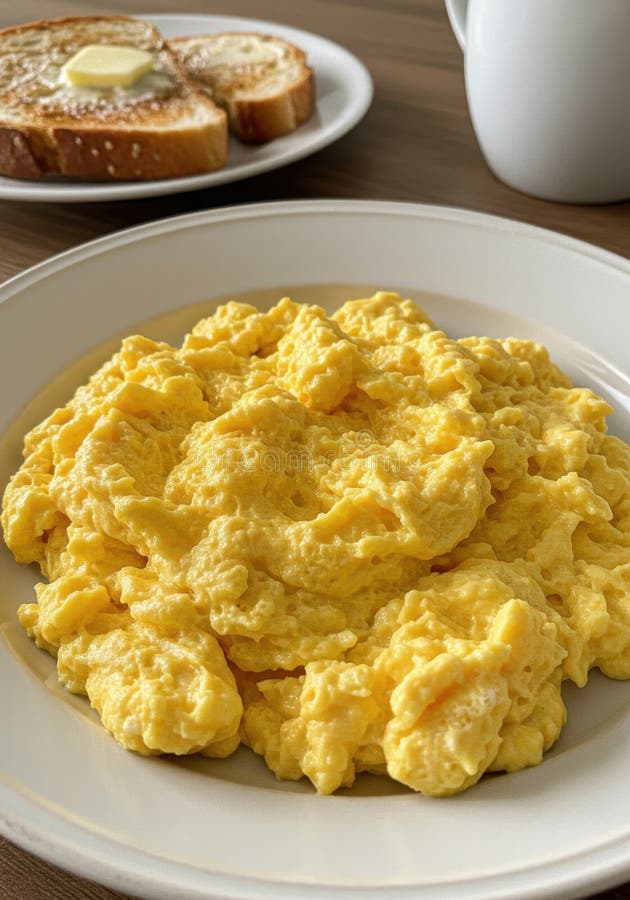 Fluffy Scrambled Eggs on a White Plate with Toast vector illustration