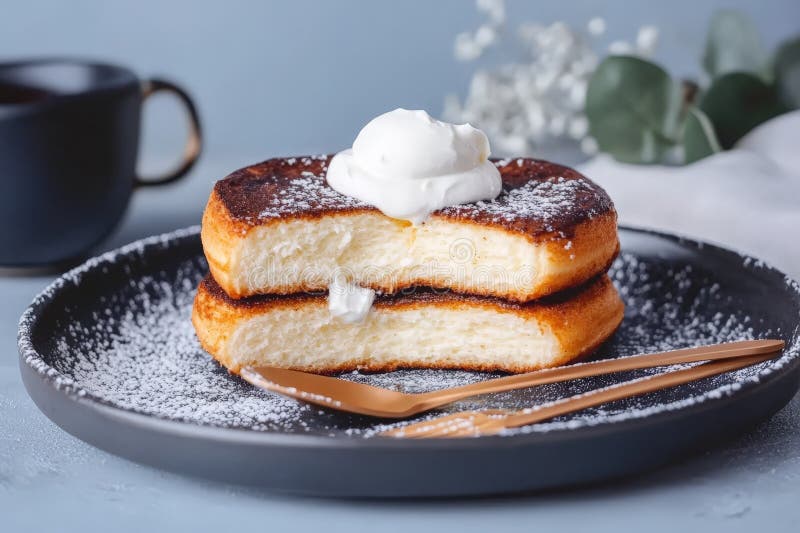 Fluffy souffle pancakes z bitą kremową teksturą soufflestyle podkreśloną jasną tle souffle. Fluffy souffl naleśniki zwieńczone bitą kremową teksturą w stylu souffl podkreśloną jasnym tle souffl idealne dla menu deserów lub miękkiego śniadania marki. generowane przez algorytmy sztuczne