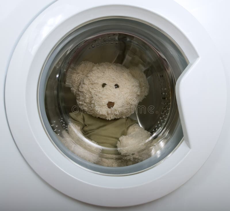Delicate Wash Washing Machine, Toy And Colorful Laundry To Wash Stock