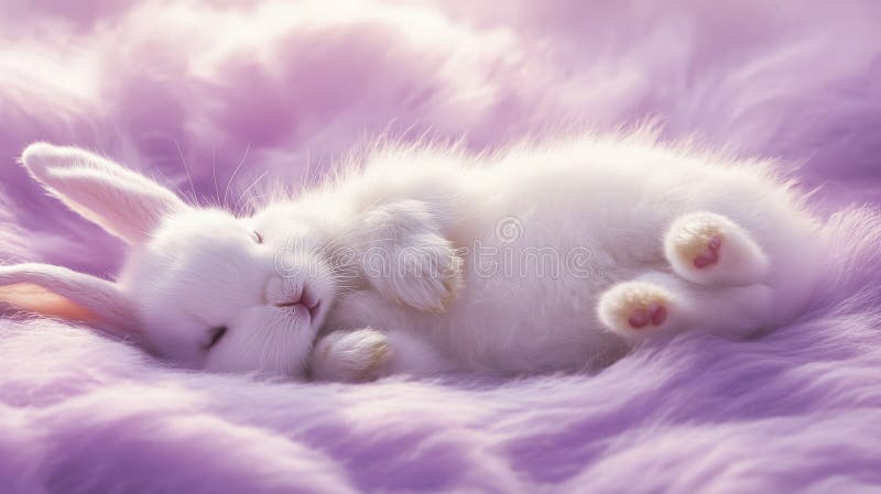 Un iepuraș alb pufos care stă pe spate pe un fond moale de lavandă. blana delicată a paturilor royalty free stock photos