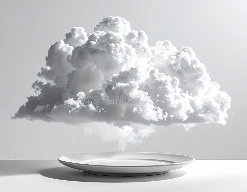 Fluffy White Cloud Hovering Over an Empty Plate on White Tabletop vector illustration