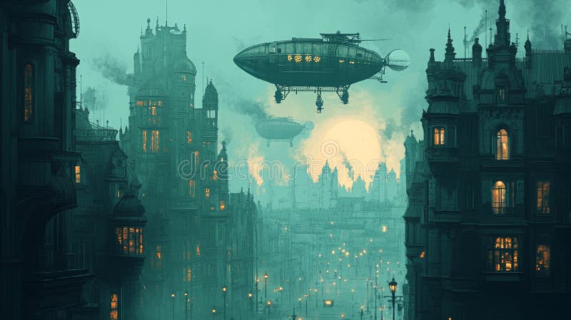 Fluggesellschaft über Teal Vintage City in der Nacht lizenzfreie abbildung