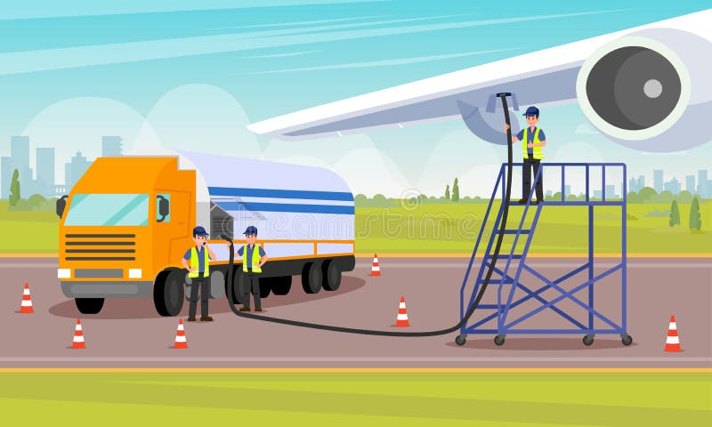 Airport Workers Pour Fuel into Aircrafts Tank Flat Vector Illustration. Joyful Men in Special form Standing by Car with Balloon Fuel and Pumping Through Hose to Fill Aircrafts Tank. Airport Workers Pour Fuel into Aircrafts Tank Flat Vector Illustration. Joyful Men in Special form Standing by Car with Balloon Fuel and Pumping Through Hose to Fill Aircrafts Tank.