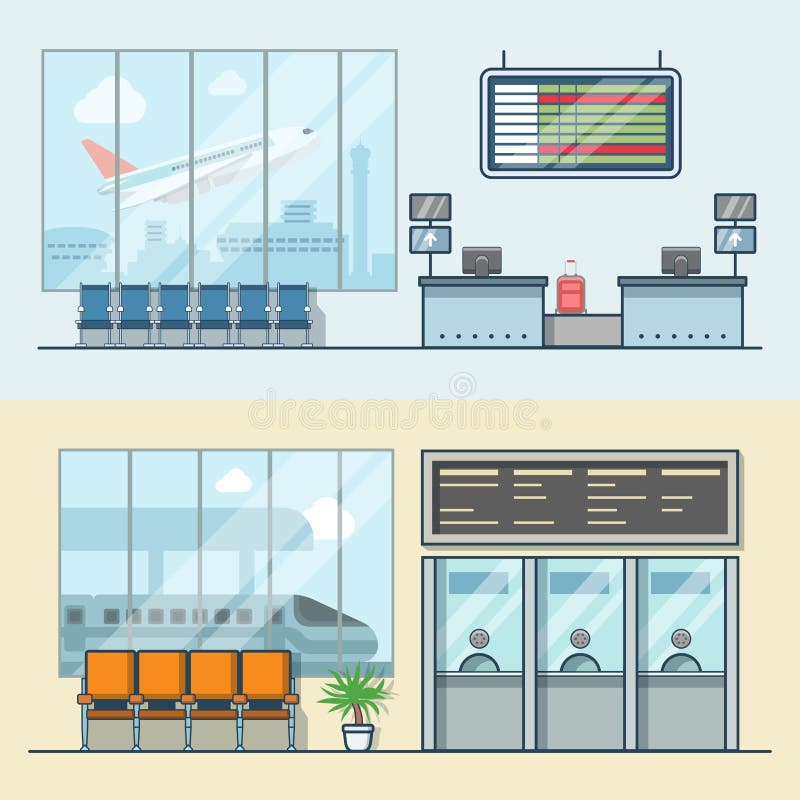 Airport registration reception desk railway train station ticket desk office interior indoor set. Linear stroke outline flat style vector icons. Color icon collection. Airport registration reception desk railway train station ticket desk office interior indoor set. Linear stroke outline flat style vector icons. Color icon collection.