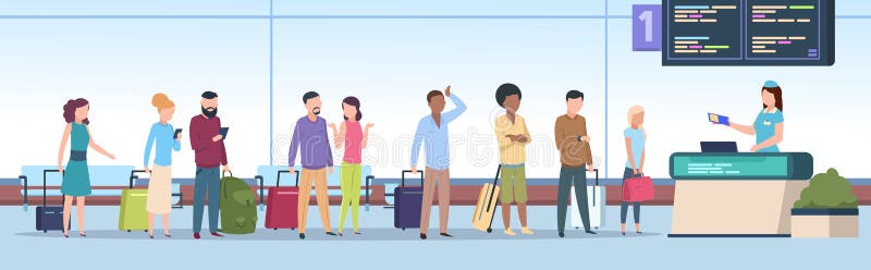 Airport queue. Airplane passengers check registration airport terminal. Traveling people, baggage waiting in line gate. Vector concept. Airport queue. Airplane passengers check registration airport terminal. Traveling people, baggage waiting in line gate. Vector concept