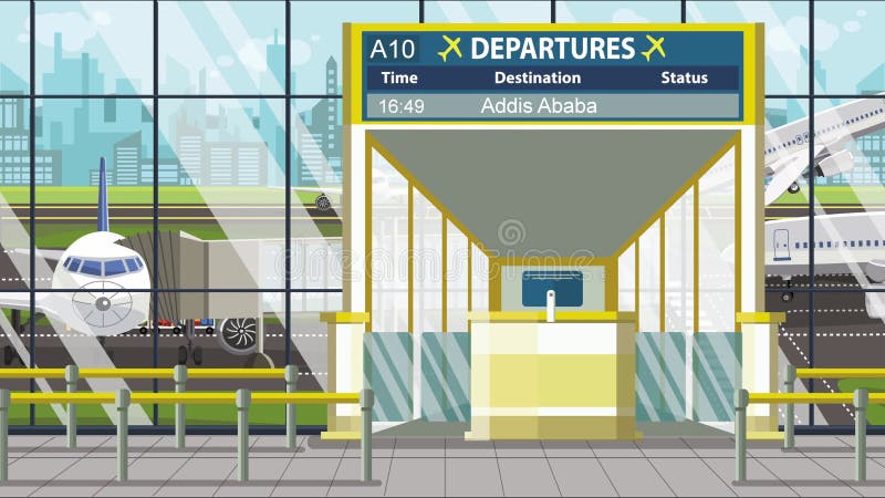 Flughafenterminal Abflugtafel über dem Tor mit dem Text von Addis Abeba Reisen nach Äthiopien loopable Cartoon Animation