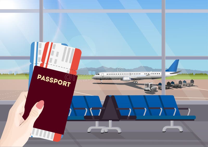 Flughafenwarteraum oder Abfahrtaufenthaltsraum mit Stühlen Terminalhallenflugplatzansicht? ber Flugzeuge stock abbildung