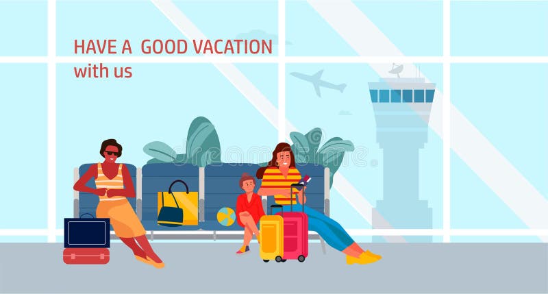 Flugreise. Personen mit Gepäck am Flughafen. Wartezimmer. Abflugterminal. glücklicher Urlaub. Passagiere stock abbildung