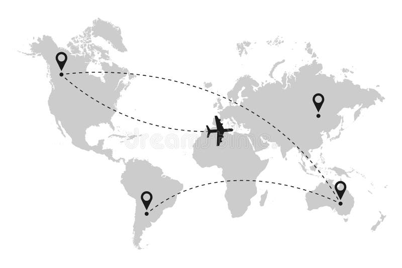 Flugzeugflugstrecke auf Weltkarte mit Weg der punktierten Linie und Standortstift Vektor lizenzfreie abbildung Flugzeugflugstrecke auf Weltkarte mit Weg der punktierten Linie und Standortstift Vektor lizenzfreie abbildung