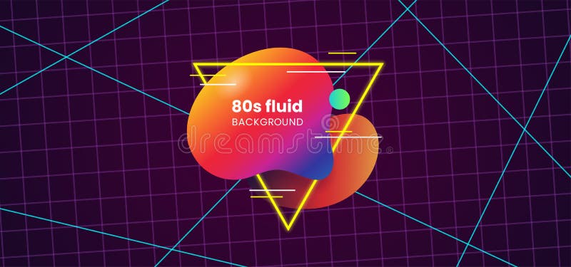 Fluid abstract dynamic shape trendy badge label design. 80s style liquid gradient color with geometric element on dark grid space