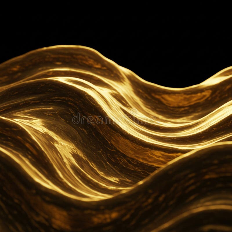 Fluid, abstract golden waves with a shimmering, metallic texture ripple across a dark vector illustration