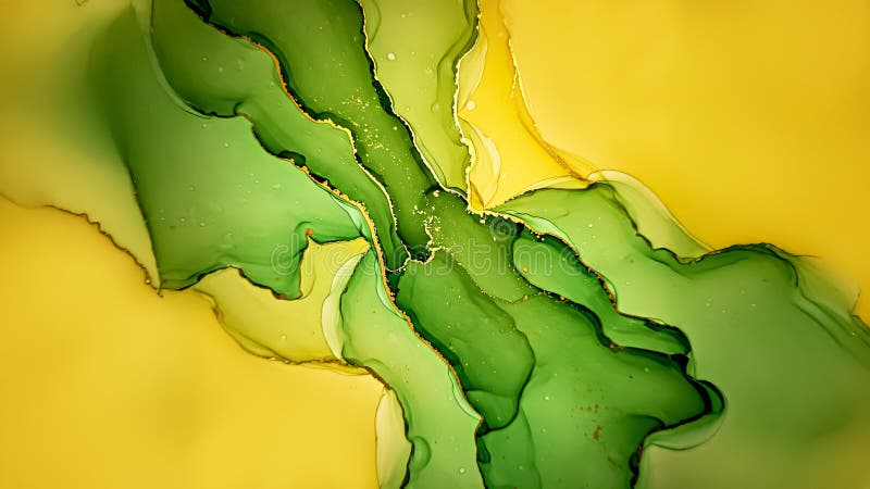 Fluid green swirls on yellow background, abstract painting modern art design royalty free illustration