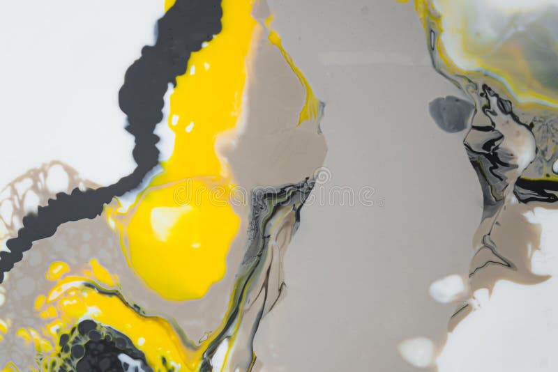 Fluid with Mixing of Grayyellow Colors. Mixed Paints on Canvas Stock