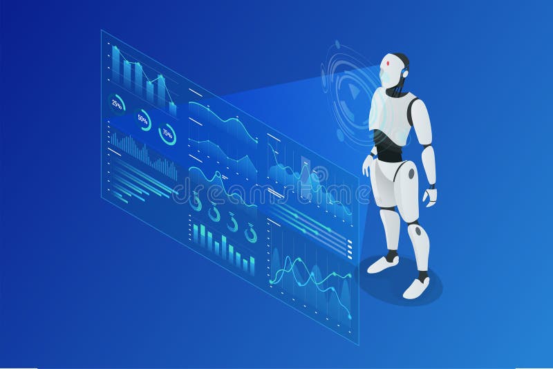 Flujo de trabajo con ayuda isométrica. robot humanoide isométrico analizando datos en pantalla holográfica con rendimiento stock de ilustración