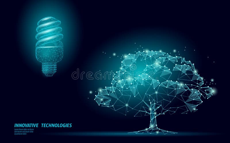 Fluorescencyjnego eco lampowy drzewo oprócz energetycznego pojęcia Niski poli- 3D żarówki pomysłu środowiska ekologii rozwiązanie
