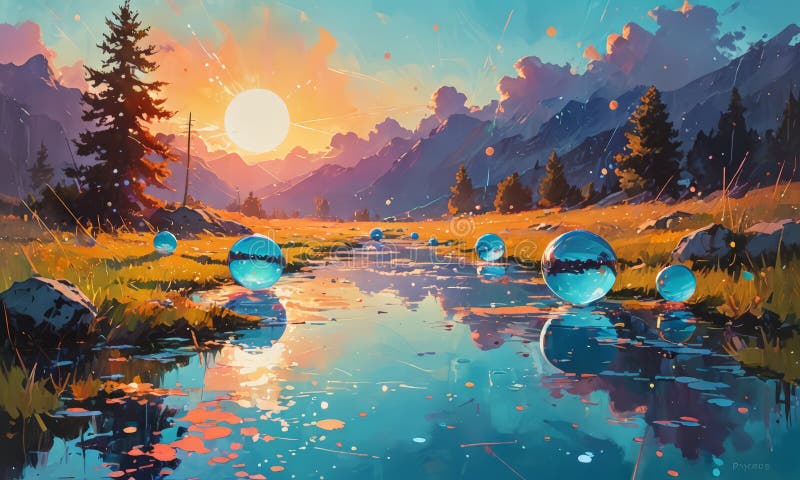 Fluss mit Felsen und Bäumen bemalt lizenzfreie abbildung