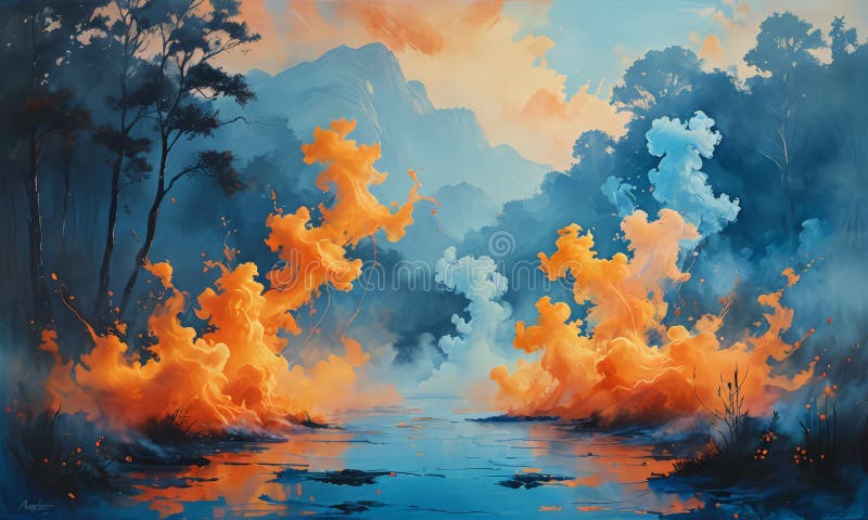 Fluss mit orangen und blauen Wolken bemalt lizenzfreie abbildung