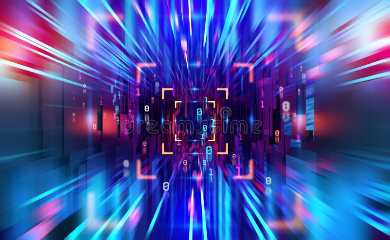 Flusso di informazioni nell'illustrazione 3D Movimento nel neon futuristico cyberspazio illustrazione vettoriale