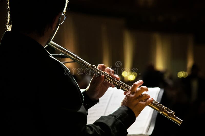 Flutist Plays the Transverse Flute in a Night Setting Editorial Image
