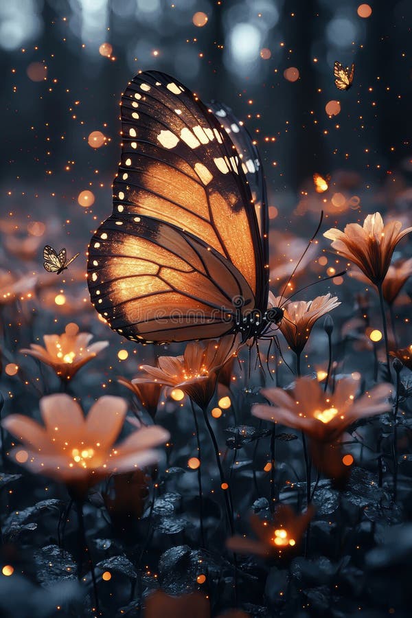 Fluture vibrant care se odihnește pe flori în grădina magică înconjurat de particule strălucitoare stock images