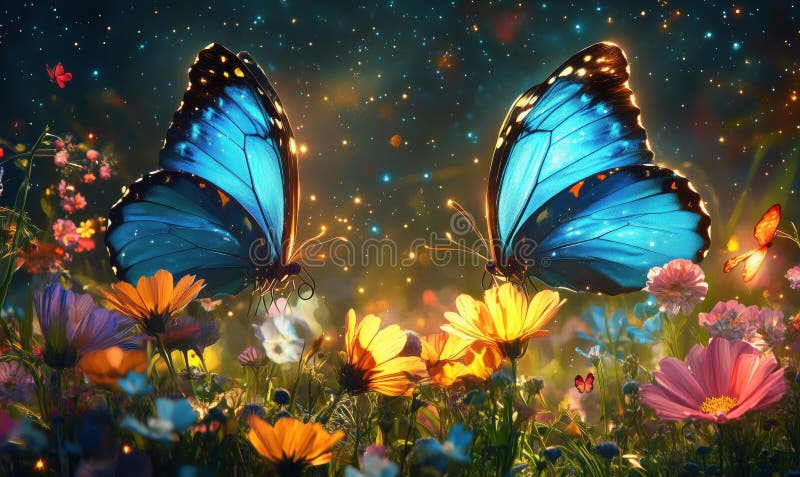 Fluturi albaștri vibranți printre flori colorate într-o grădină magică stock photography