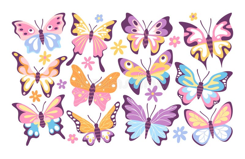 Fluturi frumoși cu flori setate în culori pastelate pentru duș pentru copii sau invitație la petrecere stock illustration