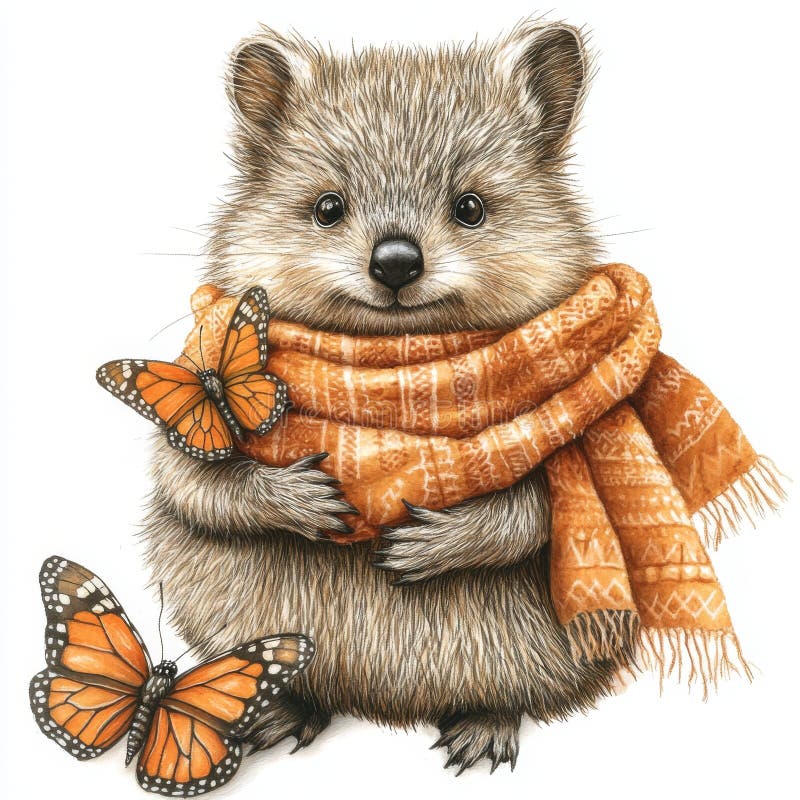 Fluturii flutură în jurul unui quokka cu un comportament de vis stabilit pe fundalul unor modele cerești stock image