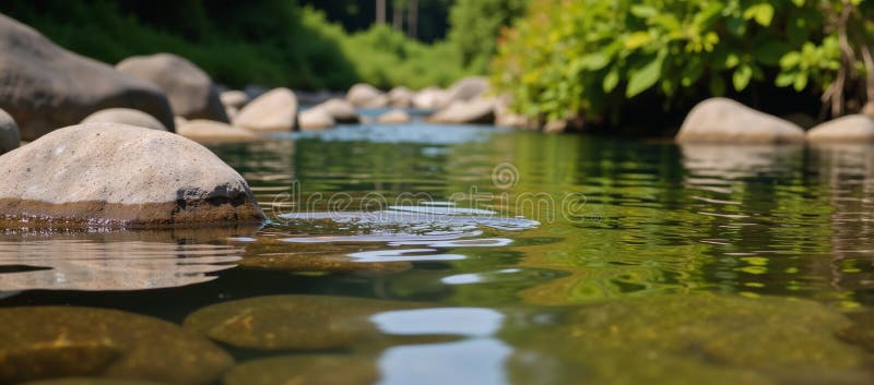 Fluviul liniștit reflectă pietrele netede din punct de vedere al verdeață stock illustration