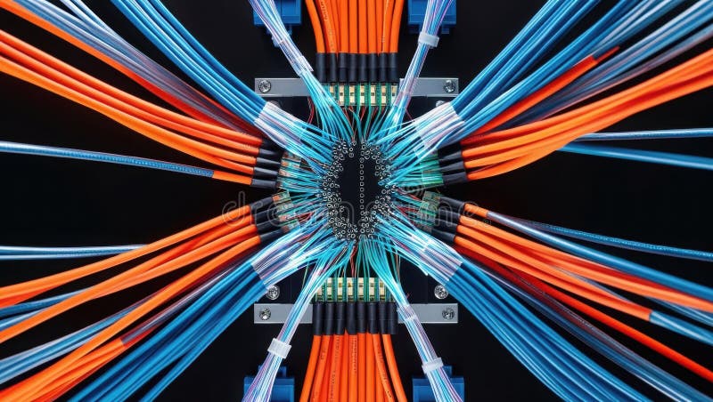 Flux de signaux dynamiques avec flux de données dynamiques dans une infrastructure high-tech dotée de connexions fibre optique. co illustration de vecteur