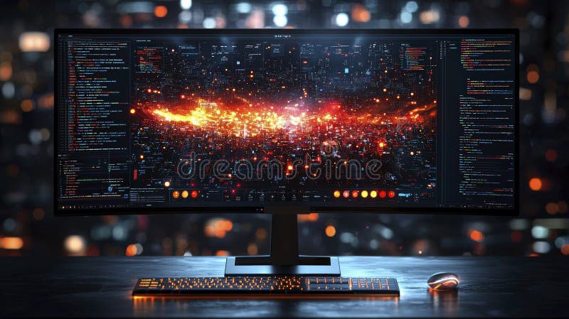 Flux dinamic de date afișat pe un monitor curbat vector illustration