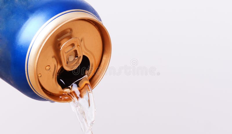 Fluid flows from the open aluminum can. Fluid flows from the open aluminum can