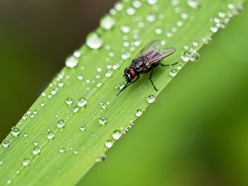 Fly Cleaning Itself on Wet Leaf Stock Image Image of leaf, closeup